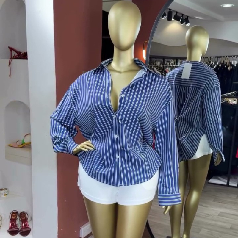 Nouvelle Chemise Élégante pour Femme à Rayures Imprimées, Manches Longues, Col Rabattu, Boutonnage Simple