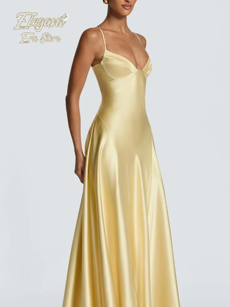 Robe longue bustier en satin couleur unie pour femme, jaune tendance, à fines bretelles, col en V, cintrée à la taille, Nouveauté 2026, Robes de soirée
