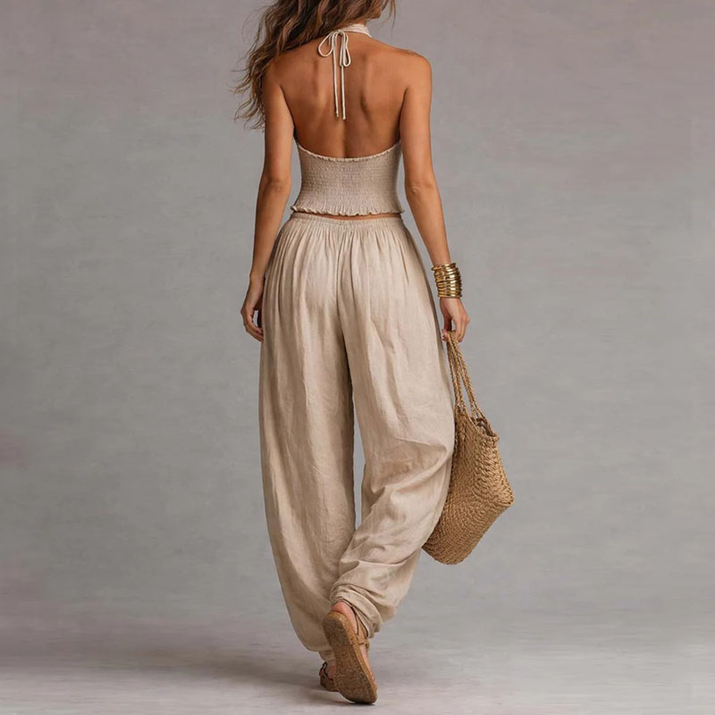 Ensemble 2 pièces bohème smocké : Crop top licou sans manches à col en V et dos nu + pantalon harem – Tenue décontractée pour femme, idéale pour les vacances printemps-été
