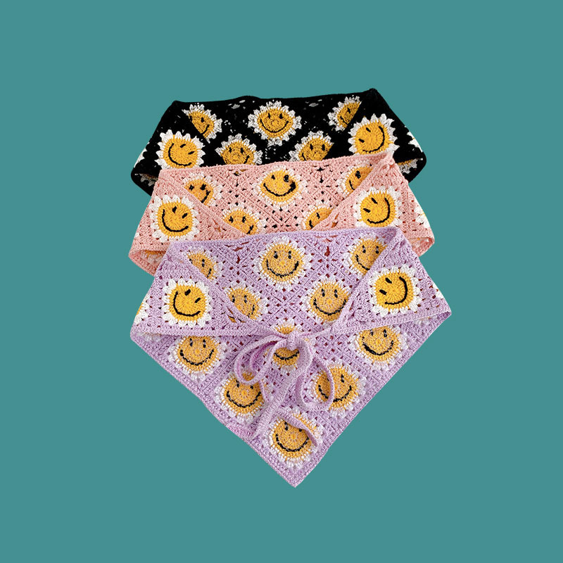 Happy Face-Écharpe triangulaire pour femme, bande de sauna, chapeau, fleur, crochet, fleur