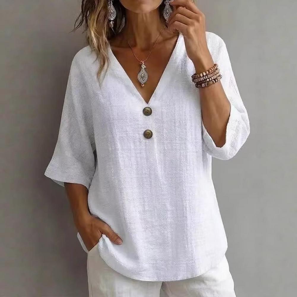 Chemisier d'été en coton et lin pour femmes, col en v français, décoration de boutons, manches sept-quarts, haut ample, couleur unie, t-shirt