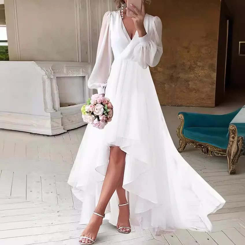 Robe en mousseline de soie pour femmes, manches ballon, Silhouette, ourlet haut et bas, col en v, maille blanche élégante, coupe cintrée, fête de mariage, vacances, plage