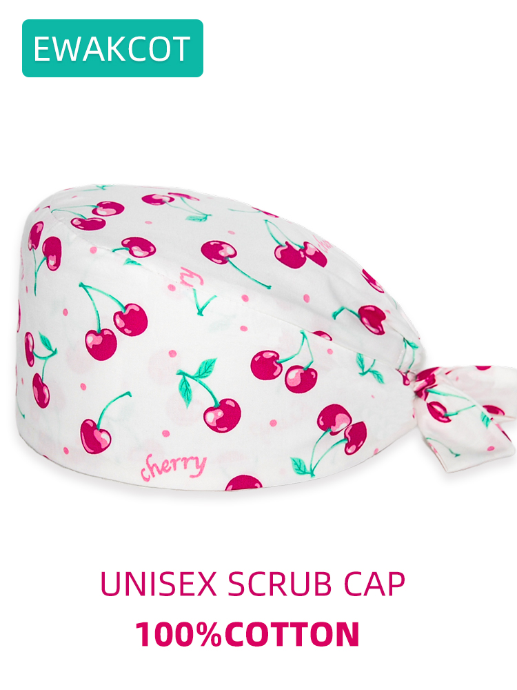 Casquette chirurgicale imprimée cerise pour femmes, en coton, pour femmes et hommes, infirmière, médecin, soins infirmiers, chapeau de chirurgie, salon de beauté, spa, Chef, casquettes de travail dentaire