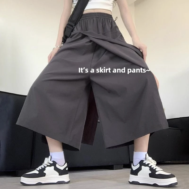 Jupe-pantalon d'été pour femmes, taille haute, jambes larges, culotte grise, fine, ample, en soie glacée, salopette décontractée, demi-corps, jupes de travail noires