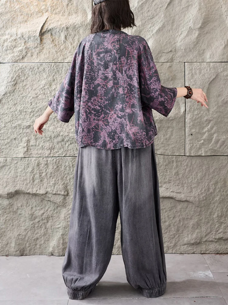 Tenues 2026 : Ensembles T-shirts et Pantalons en Jean Imprimé Ample pour Femmes – Deux Pièces Décontractées Classiques