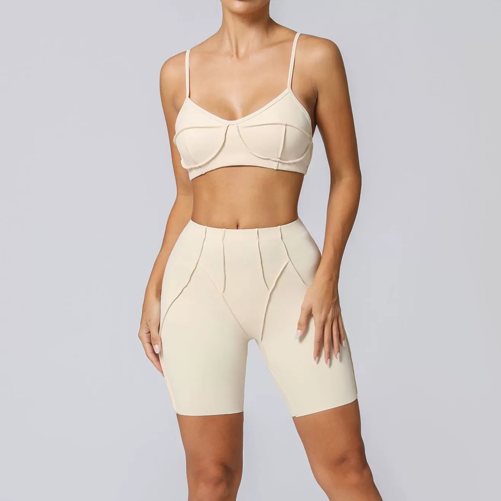 Ensemble de Sport Femme 2026 : Tenue de Yoga, Soutien-Gorge de Sport, Short Cycliste, Kit Survêtement, Vêtements de Sport pour Femme – Rose Café, Beige, Bleu Marine