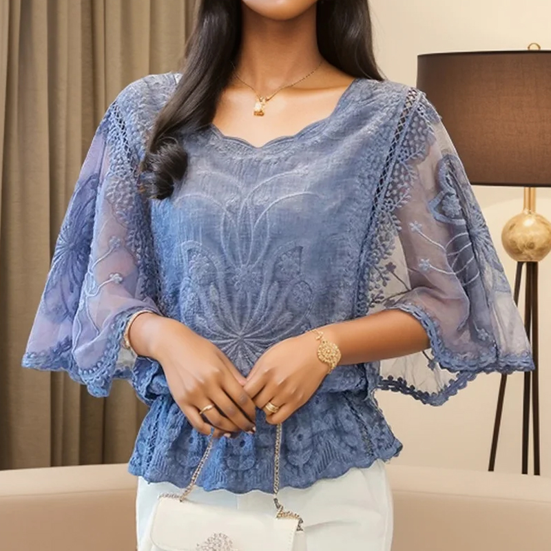 Été lâche dentelle Blouse femmes 2025 manches papillon en mousseline de soie chemise femme mode décontracté à fleurs chemise blanche hauts Blusas 4073