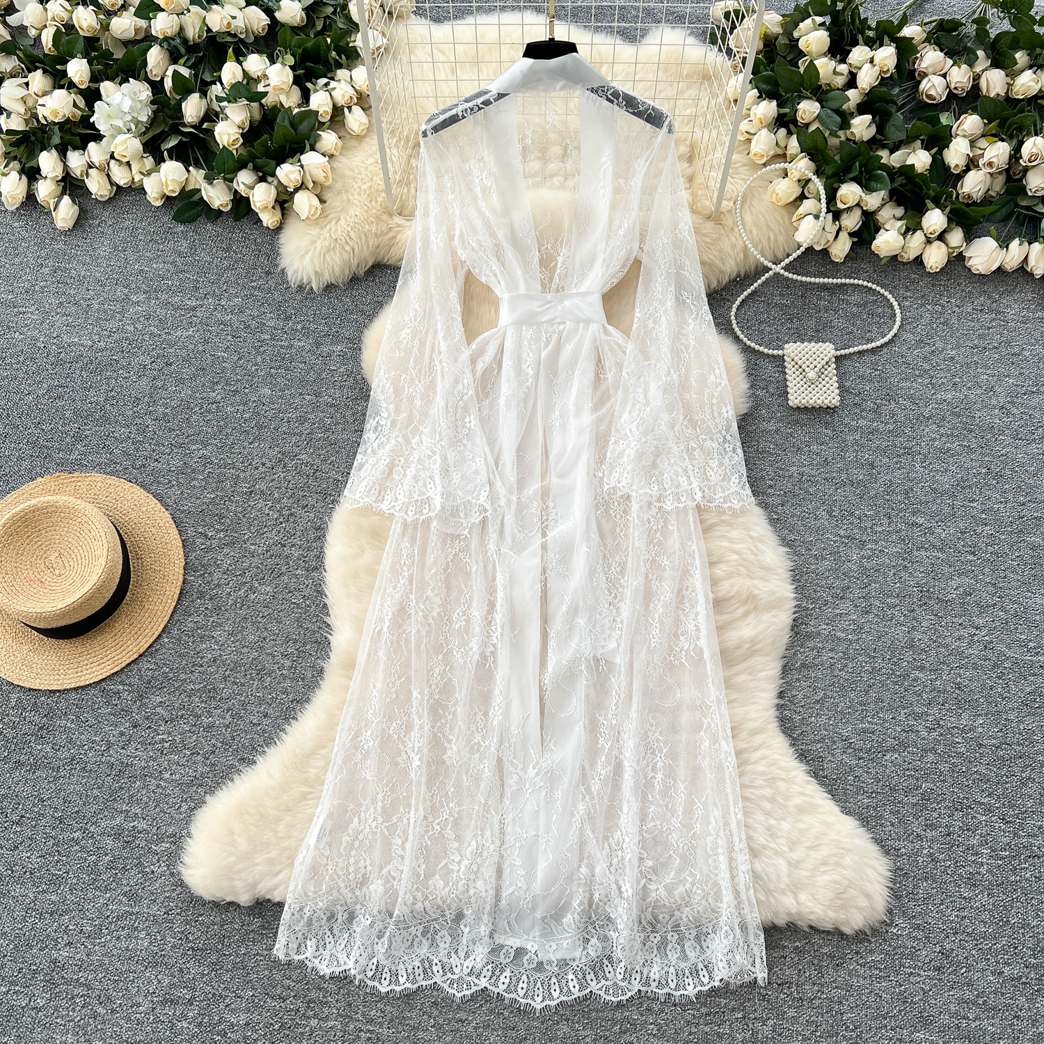 Cardigan long en dentelle transparente pour femme, manches longues, col en V, élégant, vintage, sexy, vêtements esthétiques, livraison directe