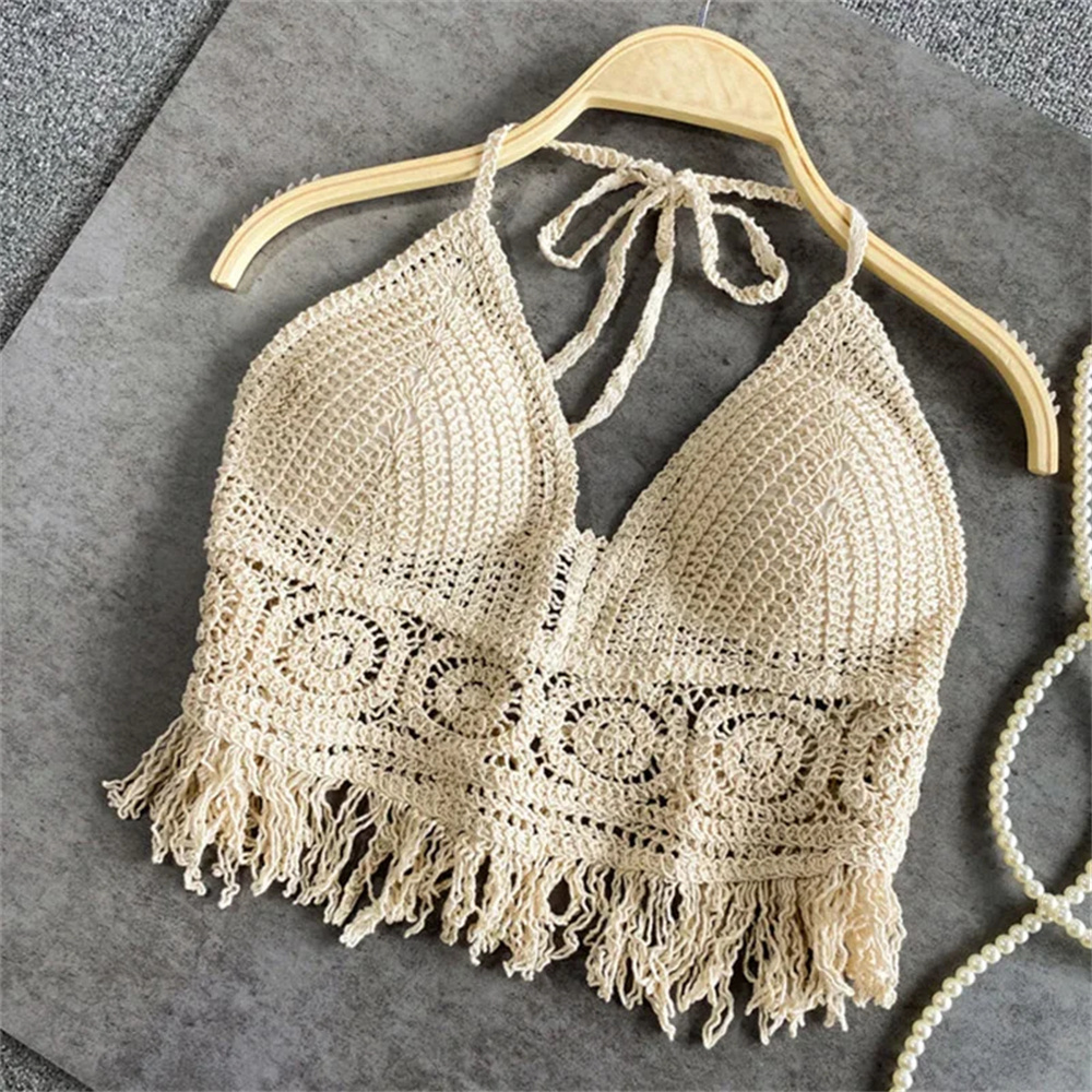 Haut court court en tricot pour femmes, dos nu, Sexy, style Boho, plage, ajouré, glands au Crochet, ourlet licou, Bustier avec coussinets de poitrine, débardeur