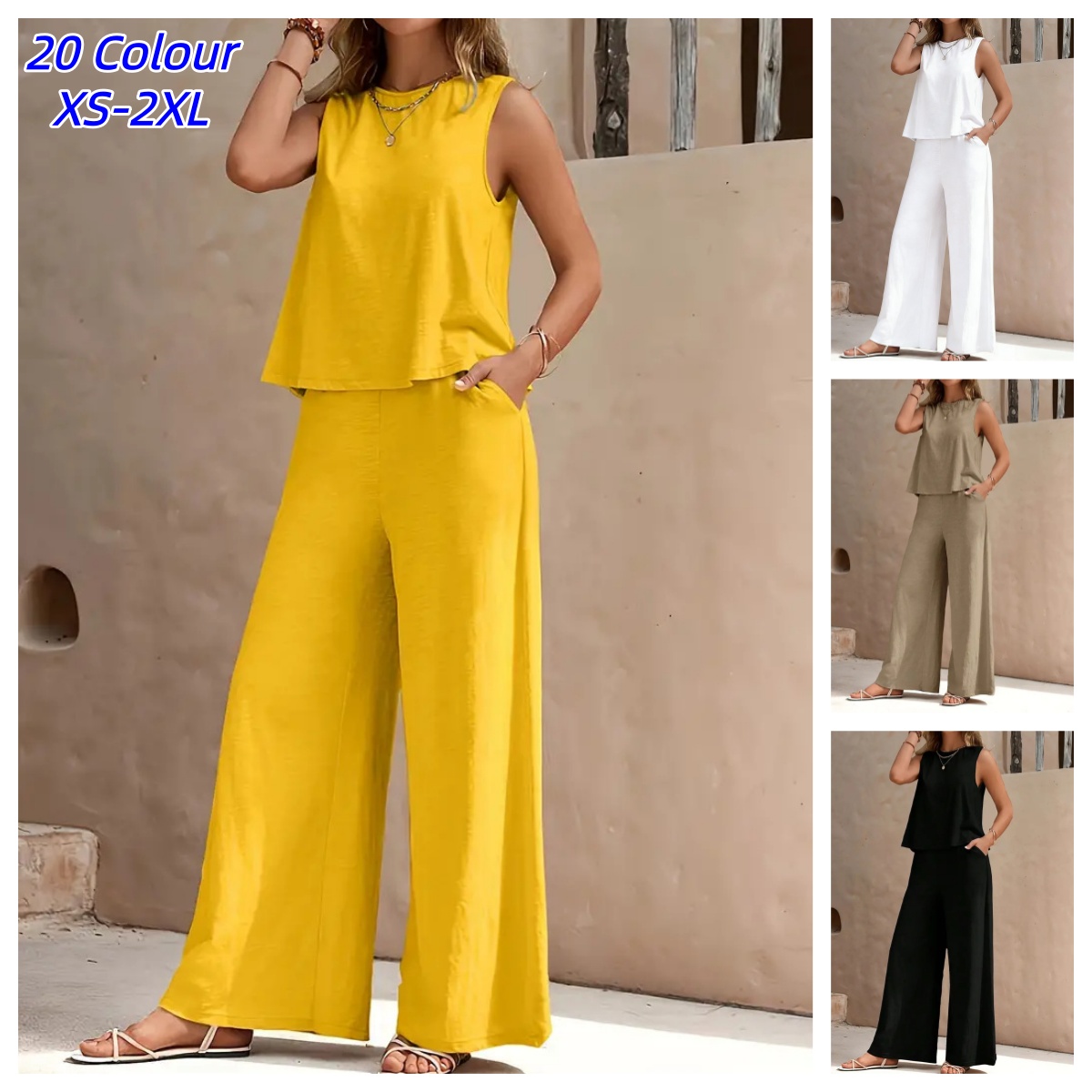 Ensemble deux pièces pour femmes, veste sans manches et pantalon, ensemble deux pièces tendance, couleur unie, haut à col rond, pantalon, ensemble décontracté, vacances