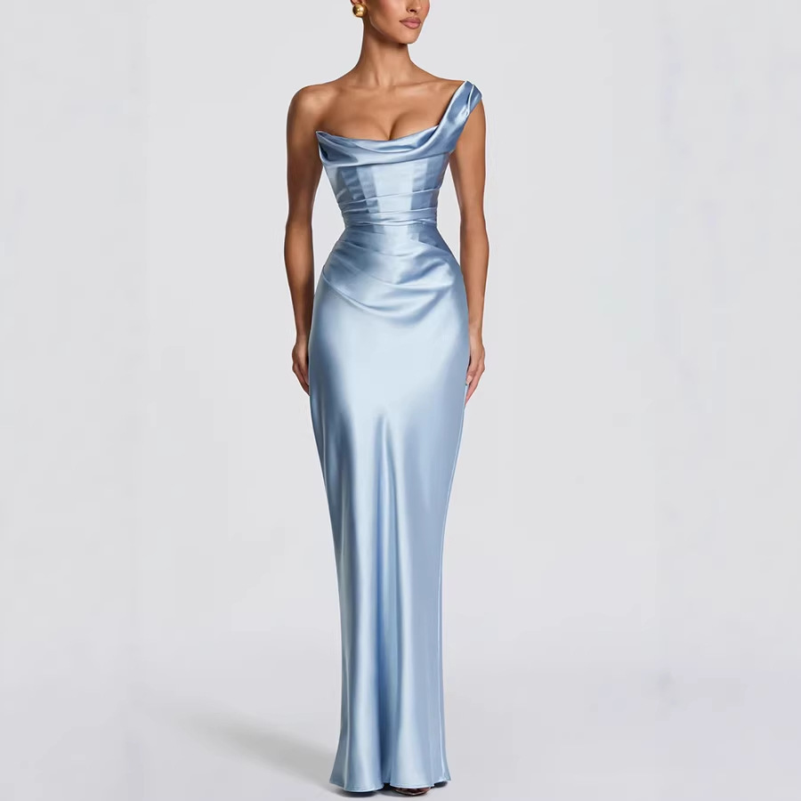 Nouvelle Robe Longue Asymétrique en Satin pour Femme, Col Bénitier, Taille Froncée, Robe Moulante, Robes d'Été Formelles pour Soirées et Cérémonies