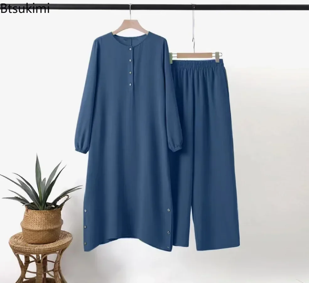 Chemisier arabe pour femmes musulmanes, ensembles assortis, survêtement élégant pour femmes, chemise unie décontractée + pantalon à jambes larges, costume, vêtements modestes