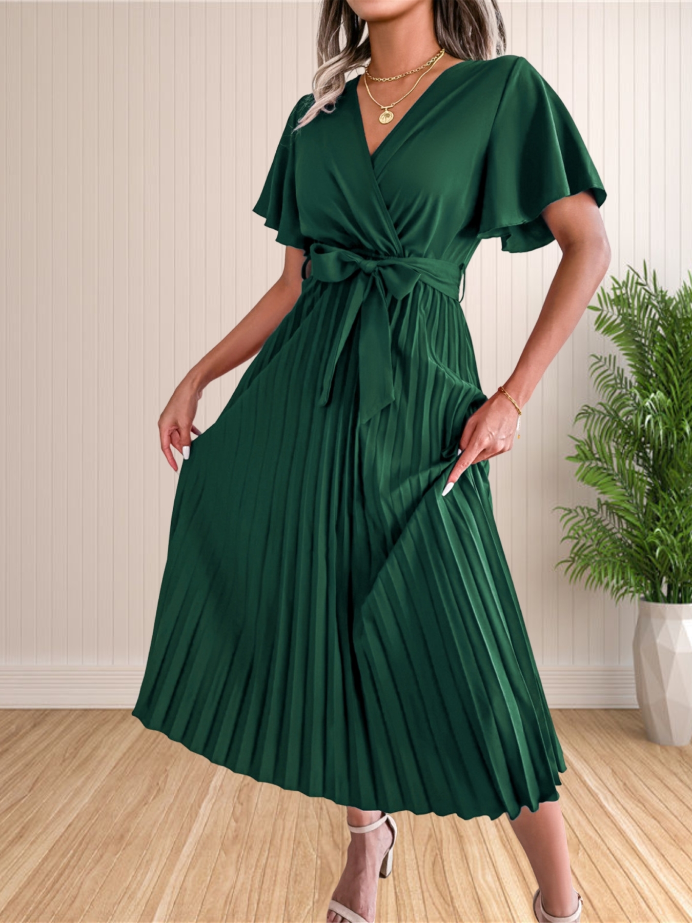 Robe de soirée plissée à manches à volants pour femmes, taille haute, col en V, balançoire, cocktail, longue, maxi, été