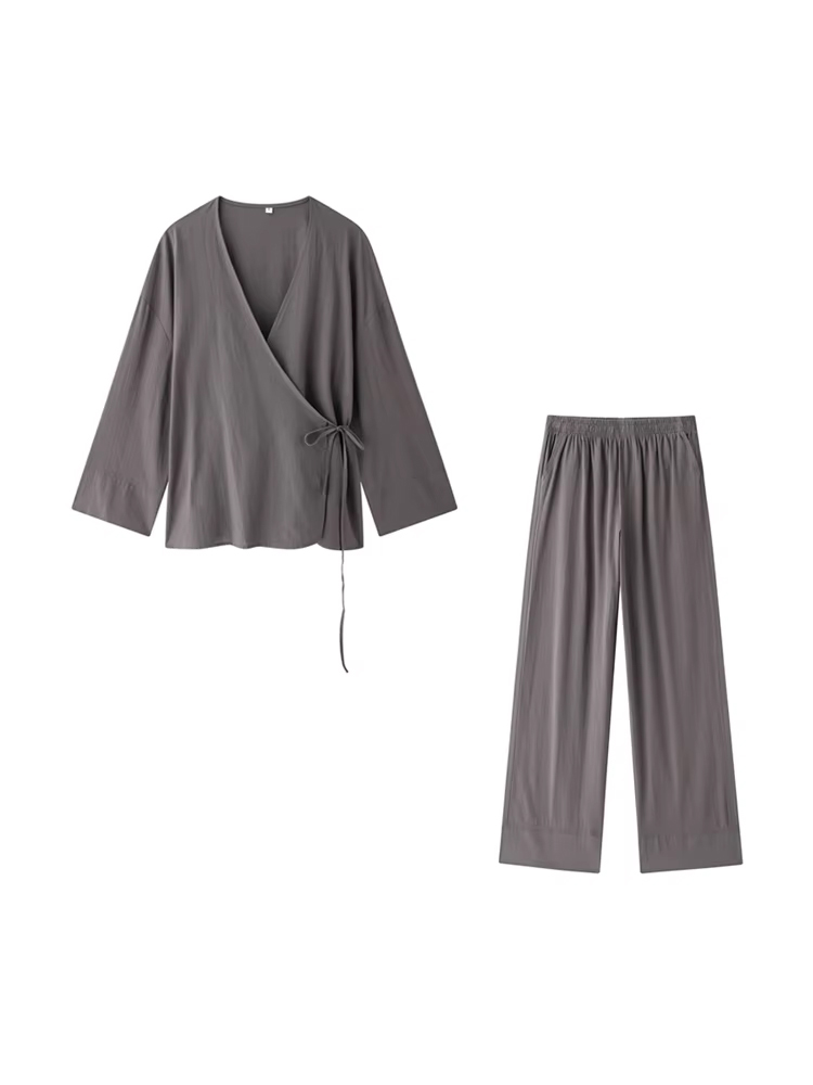 Femmes mode avec chemisiers Kimono amples attachés et taille haute élastique poches latérales pantalon femme deux pièces ensembles Mujer