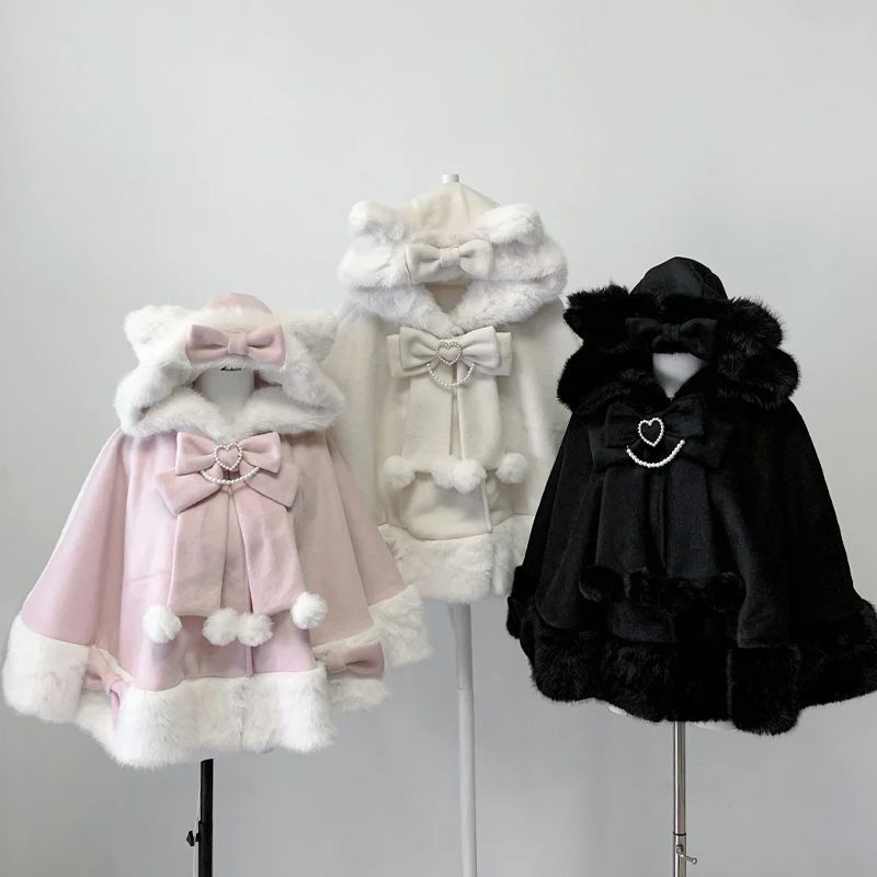 Manteau châle Lolita pour femme, pardessus Design avec nœud, capuche, Patchwork, Kawaii, chaud, Chic, doux, manteau de noël, nouvelle collection hiver 2025