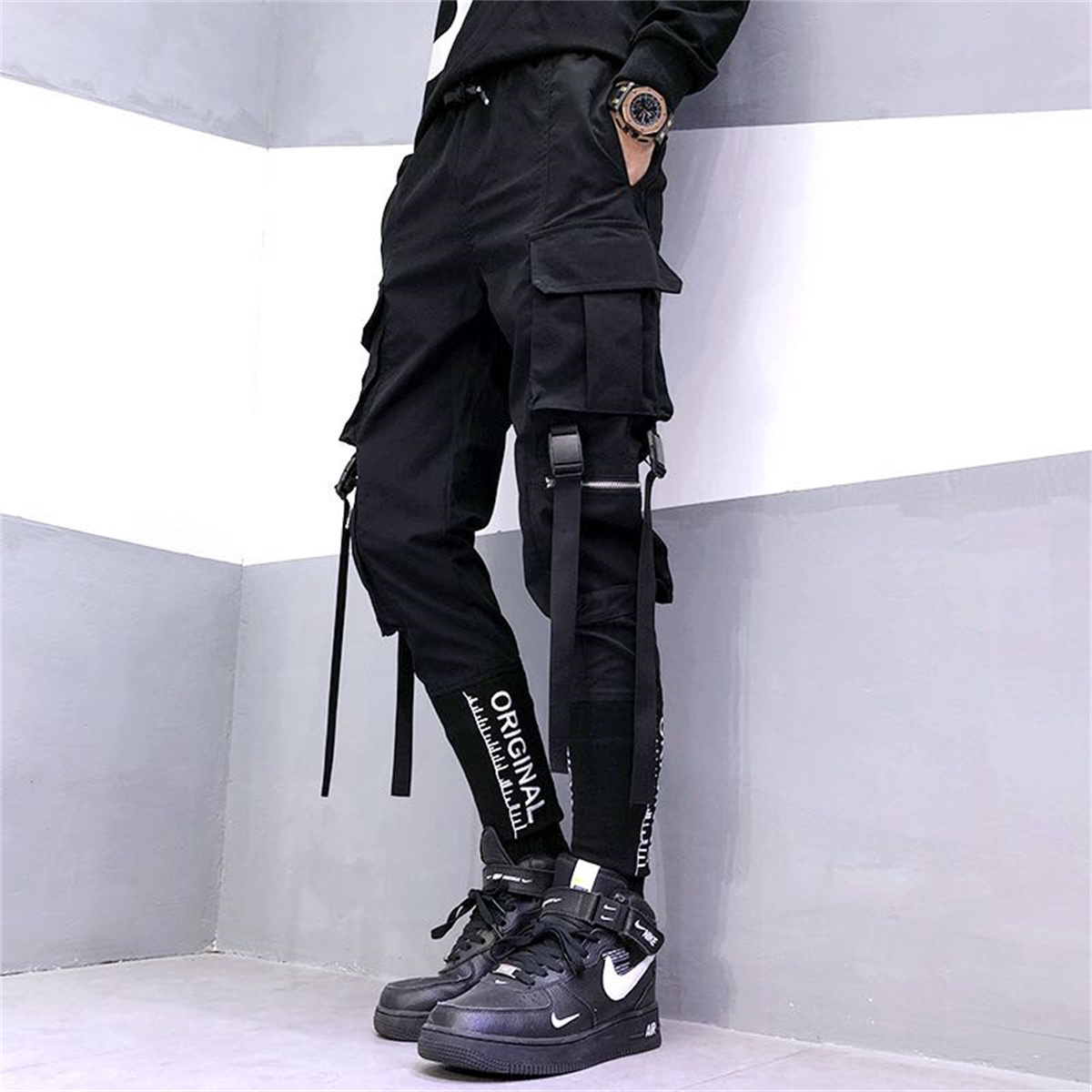 Pantalon Cargo pour hommes, décontracté, Hip Hop, couleur frappée, poches multiples, Streetwear, rubans, Techwear, survêtement pour garçons
