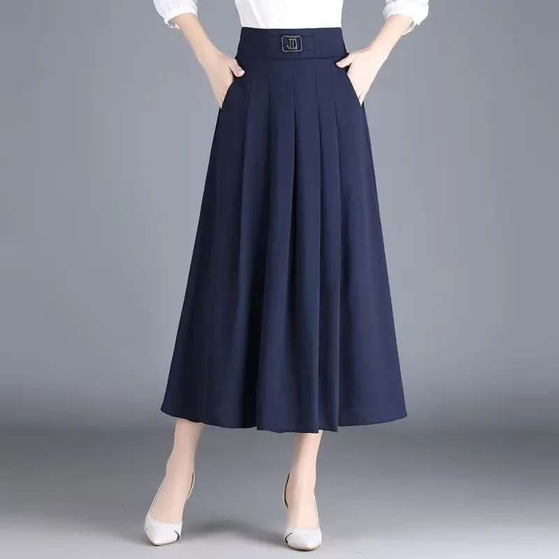 New Skirt Mid-length A-line Pleated Fashionable and Elegant Solid Color Versatile Casual High-waisted Large Hem Skirt