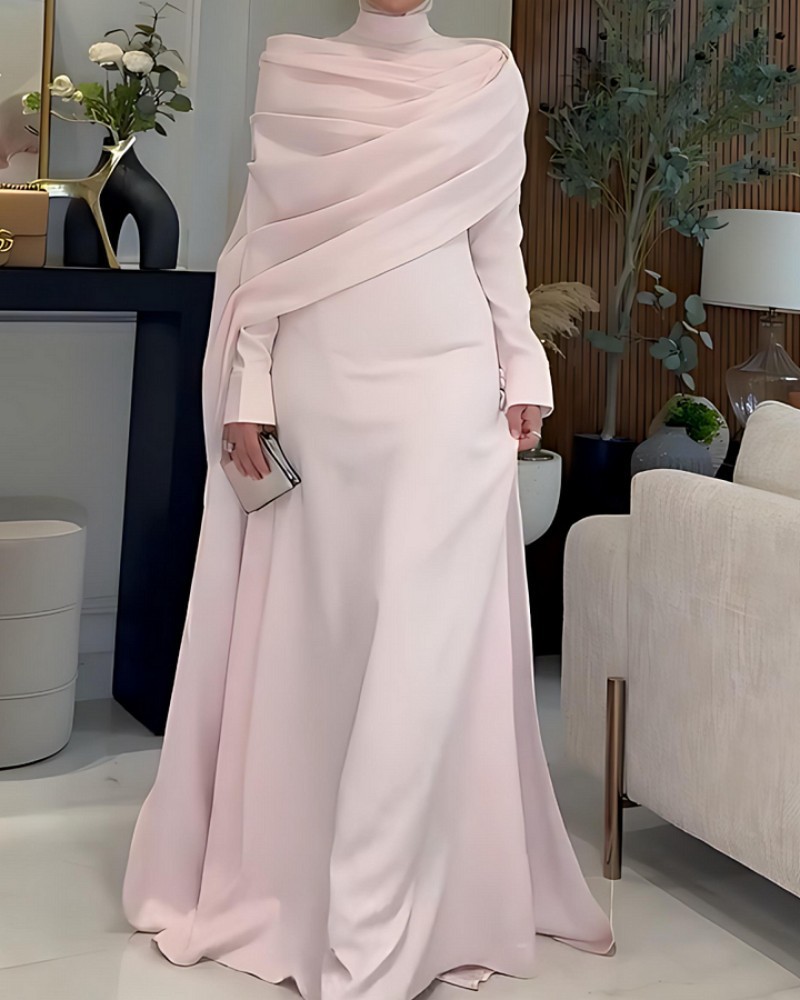 Robe longue moulante à manches longues style châle pour femme, élégante et gracieuse, avec grand ourlet, idéale pour les banquets, les rendez-vous, les trajets quotidiens et les soirées.