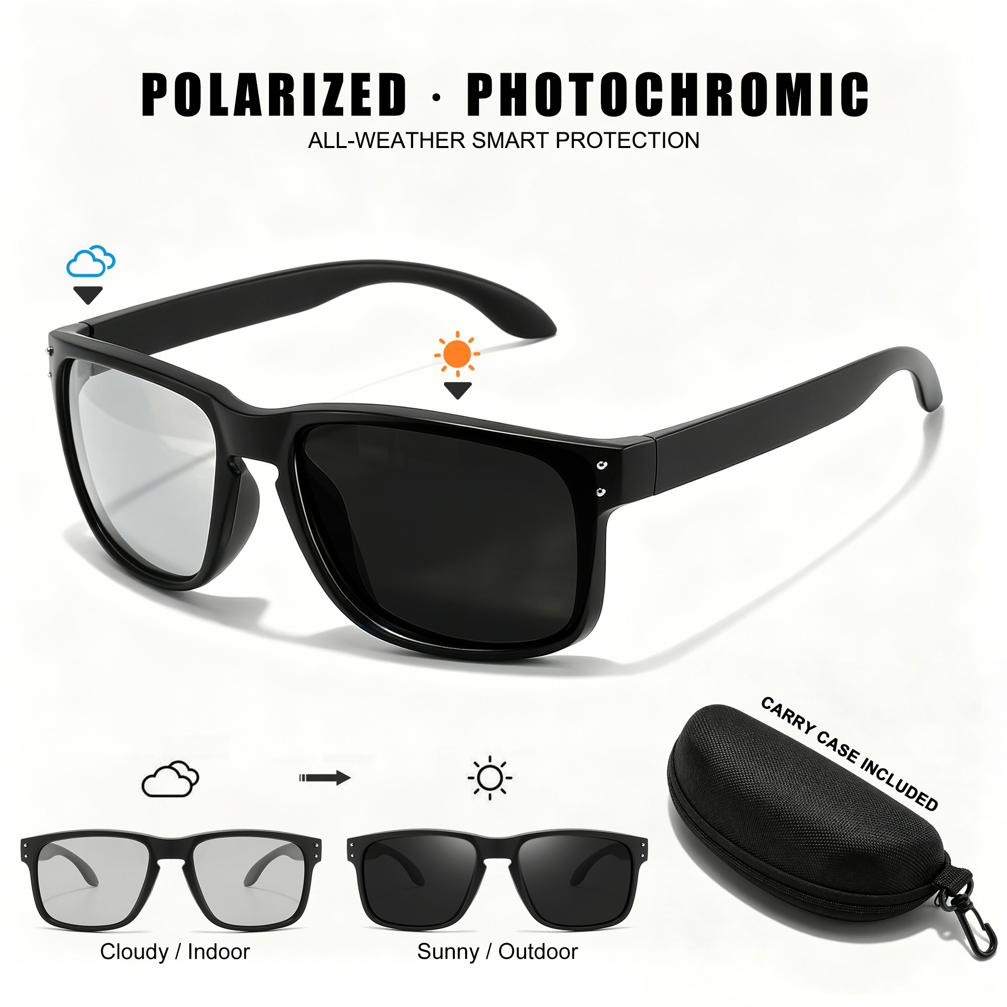 Lunettes de soleil sportives polarisées photochromiques unisexes à monture carrée UV400 anti-reflets, confortables pour la conduite, la pêche et le cyclisme