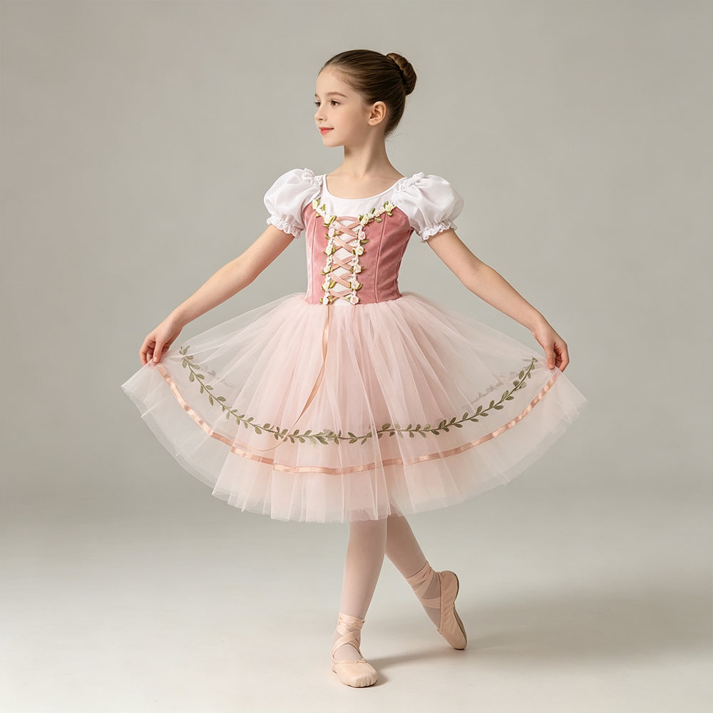 Robe de ballet professionnelle à manches bouffantes, en velours fleuri, patchwork de gaze et ruban, robe de ballerine pour fête, costumes de danse pour filles enfants
