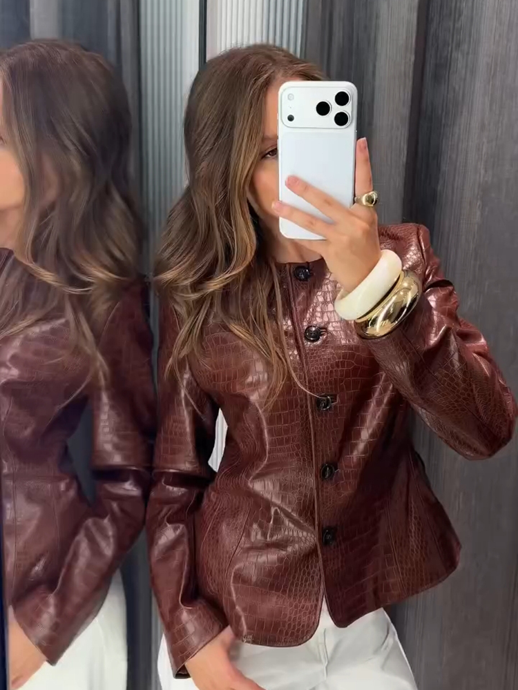 Veste Courte Décontractée en Similicuir PU pour Femme, Col Montant, Manches Longues, Ouverte sur le Devant, Style Mode, Automne 2026, Coupe Ample, Tendance Urbaine