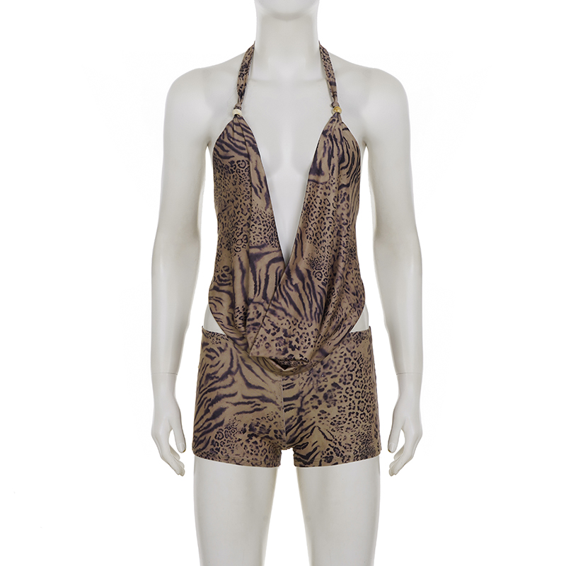 Ensemble 2 pièces pour femme SUCHCUTE, imprimé léopard, haut court dos nu à col en V profond et short taille basse, vêtements d'été sexy 2 pièces