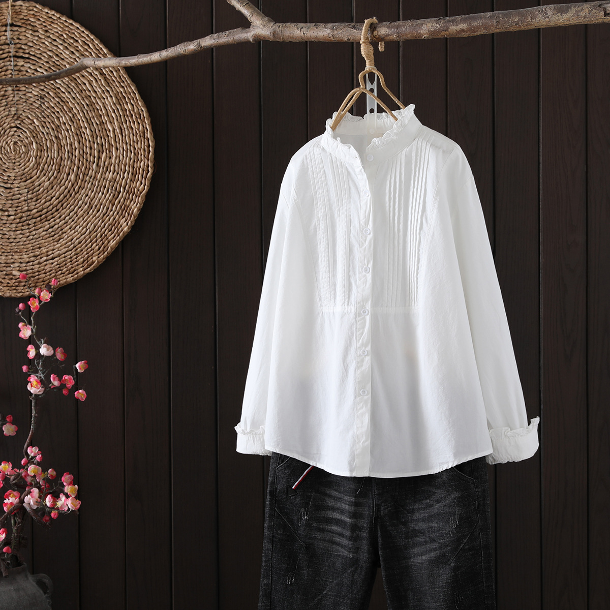 Blusas Mujer De Moda col montant Blouse femmes à manches longues coton plissé Blouse chemise haut pour femme femmes Blouses chemises Blusa