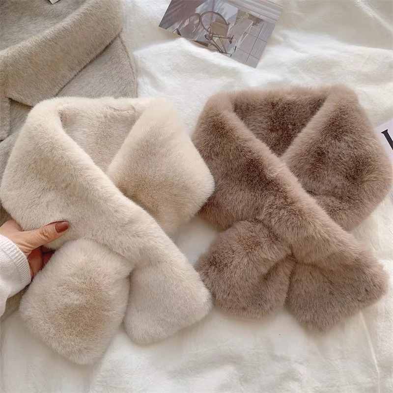 Écharpe coréenne d'hiver en fausse fourrure de lapin pour femmes et filles, écharpe en peluche douce, couleur unie, col chauffant, cadeau de noël