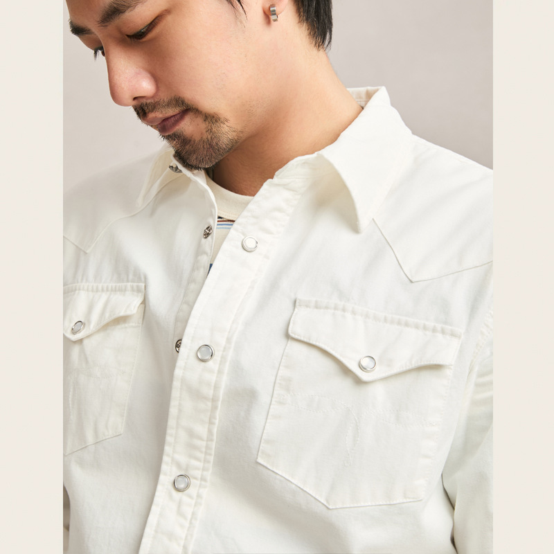 Chemise en jean délavé ivoire à manches longues pour homme, 100% coton, décorée de boutons, coupe cintrée américaine vintage, printemps/automne