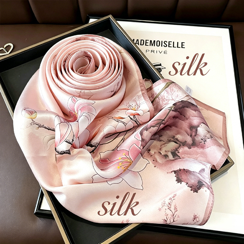Foulard en soie rose polyvalent, style étranger, accessoire de cou quotidien, protection solaire, petit foulard carré 100% soie de mûrier, cadeau, foulard en soie