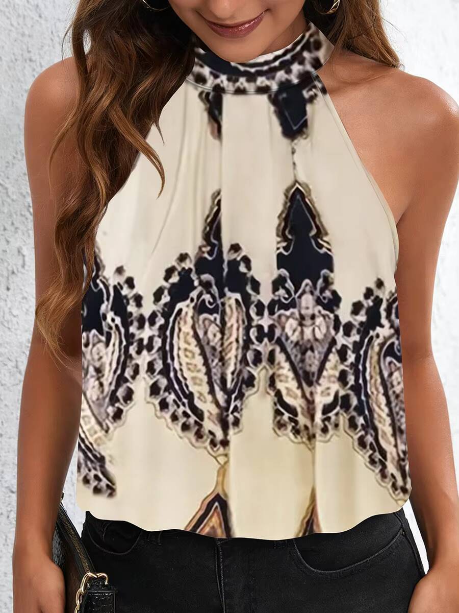 Débardeur pour femme Printemps-Été Beige Noir Imprimé Paisley Dentelle Col Halter Sans Manches Ample Basique Décontracté Tendance Quotidienne