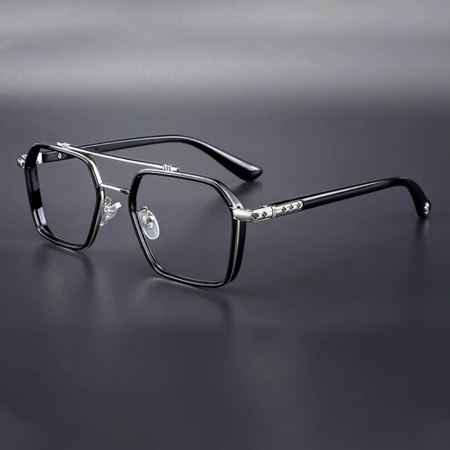 Lunettes de vue rétro pour hommes à verres plats, monture large haut de gamme amincissante à double pont - Lunettes sans ordonnance