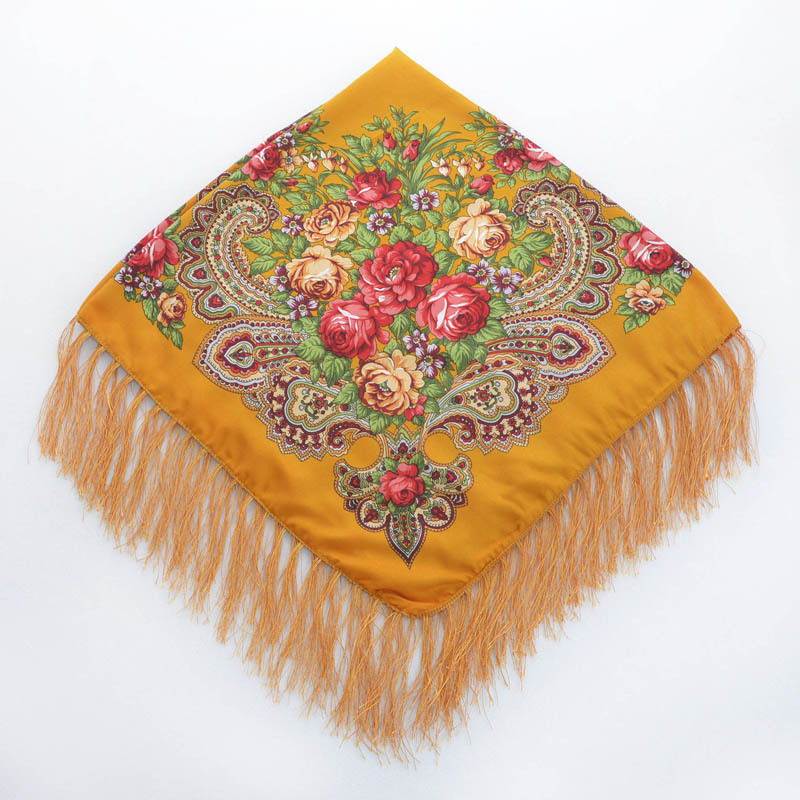 Foulard carré de Style National russe pour Femme, châle à franges, imprimé Floral, enveloppes de tête pour Femme, Hijab