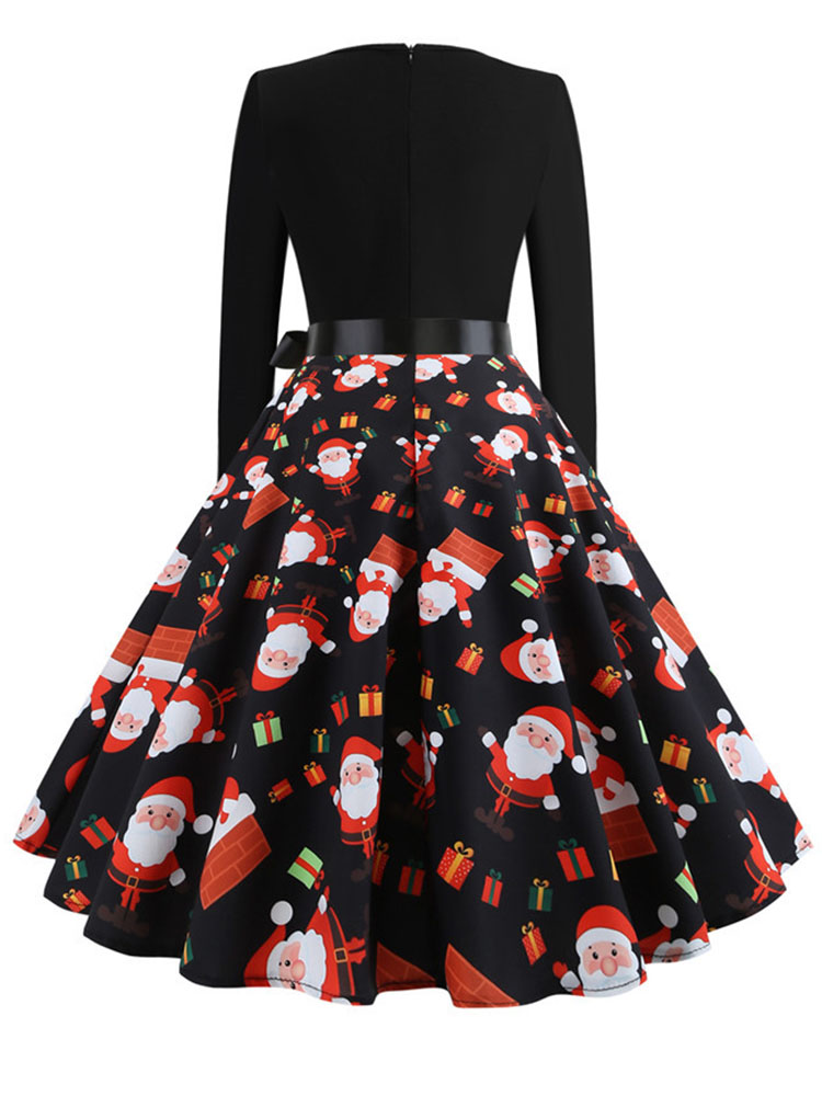 Robes de Noël d'hiver pour femmes, style vintage années 50-60, robe swing pin-up élégante, robe de soirée à manches longues, imprimé décontracté noir