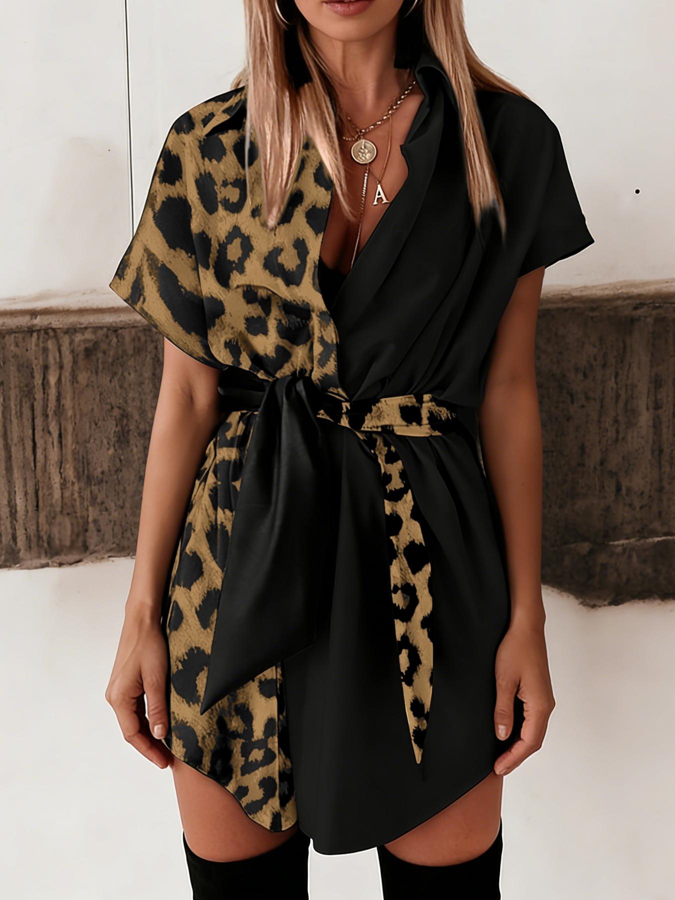 Robe chemise asymétrique à manches courtes pour femme, imprimé léopard uni, design contrastant bicolore, tenue décontractée tendance