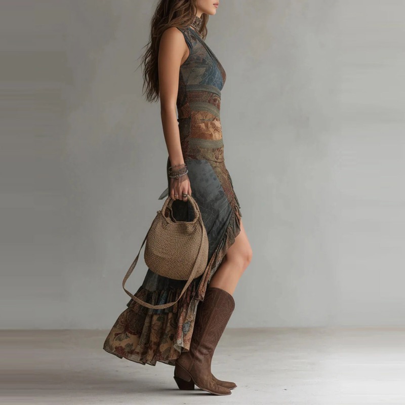 Robe pour femmes, tendance européenne et américaine, nouvelle robe sexy printemps/été, rétro, patchwork, imprimé asymétrique, fente haute