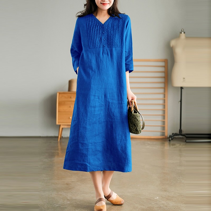 Robe longue en coton et lin pour femmes, style vintage, col en v, couleur unie, nouvelle collection été 2024, B3334