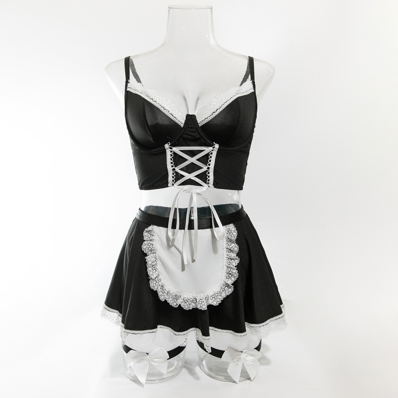 Bikini avec fines bretelles en dentelle séduisantes, ceinture amincissante, jarretières, costume de soubrette pour jeux de rôle
