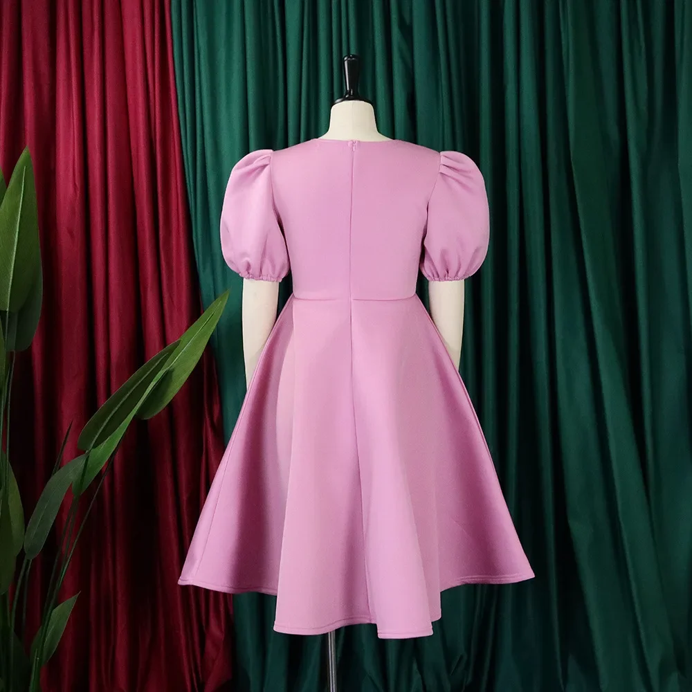 Robes élégantes pour femmes, col rond, manches courtes, taille haute plissée, mi-mollet, luxe féminin, fête d'anniversaire, robe éducative, 2024