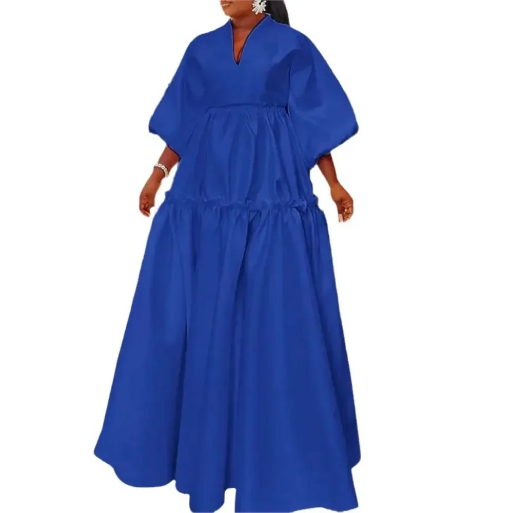 Mode Simple couleur unie Falbala longue robe femmes nouveau printemps été ample taille haute décontractée Maxi robes