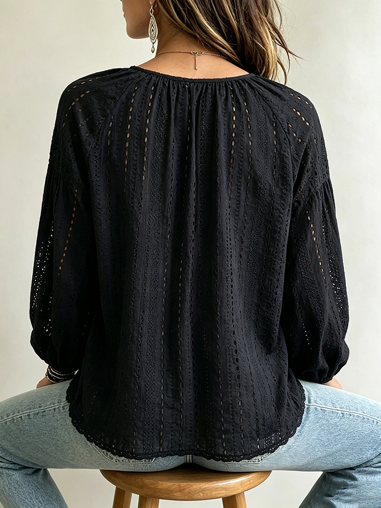 Chemise décontractée élégante et simple pour femme, chemise à manches longues en tissu brodé ajouré de couleur unie