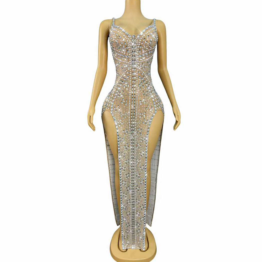 Robe de luxe scintillante avec strass et perles, Sexy, col en v, fente haute, robe de soirée, Cocktail, fête d'anniversaire, tapis rouge, vêtements de scène