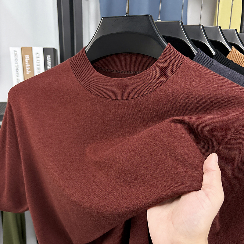 Soie laine hommes Tops basiques Sprig automne décontracté col montant mince tricot t-shirt à manches courtes tricots pull laine chemises minces