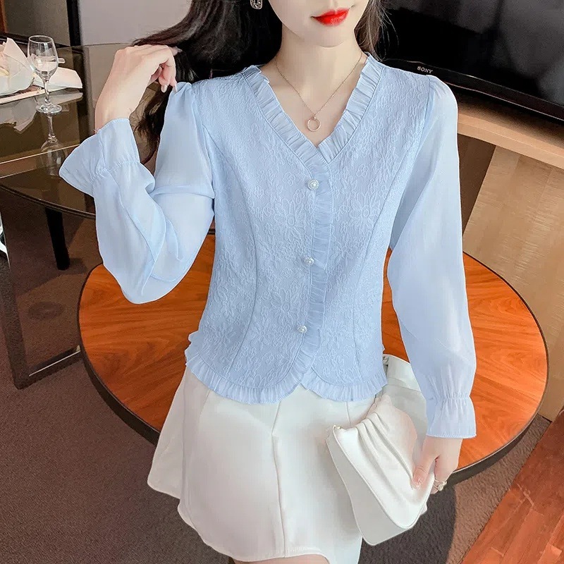 Chemise de printemps et d'automne pour femmes, haut à manches longues et col en v, coupe ajustée et tendance, couleur unie, DF4615