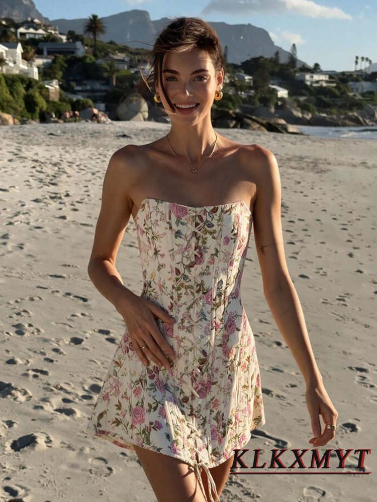 Robe sans bretelles à imprimé tendance pour femmes, robe sexy sans manches, dos nu, à lacets sur le devant, élégante et chic, robe midi pour les vacances d'été