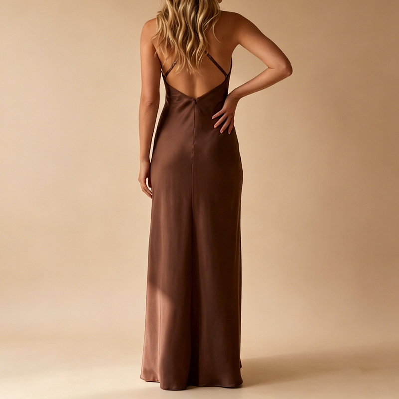 Robe longue en satin pour femme, style coquette, col en V profond, dos nu avec découpe, coupe trapèze, élégante, pour demoiselle d'honneur ou soirée