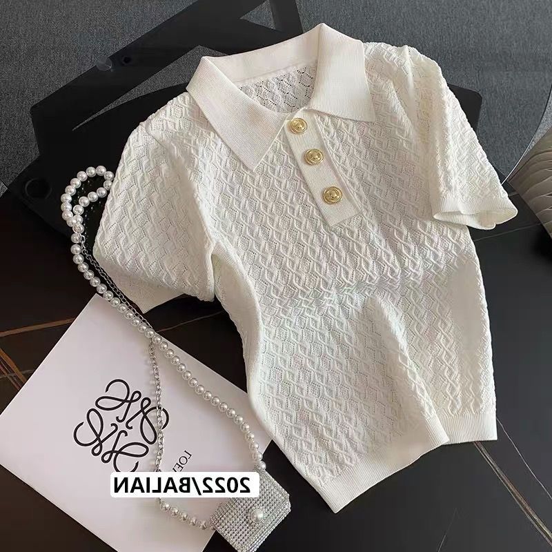 Polo chic en soie glacée haut de gamme pour femme, tricot jacquard unique, manches courtes, coupe ample, blanc, pour l'été