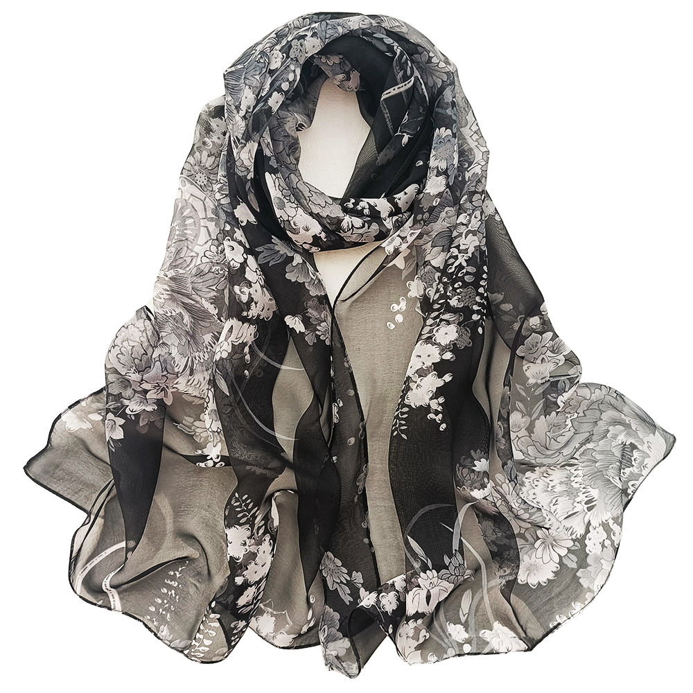 Nouvelle Écharpe Longue en Chiffon Soyeux Imprimé Floral pour Femme, Foulard Doux, Châle de Plage, Voile Hijab