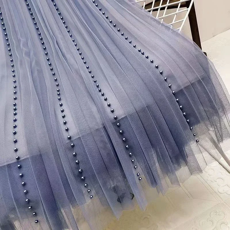 Jupes en tulle plissées à perles pour femmes, nouvelle mode coréenne 2026, vêtements décontractés, faldas, taille haute, mi-longueur, noir, rose, jupe kawaii