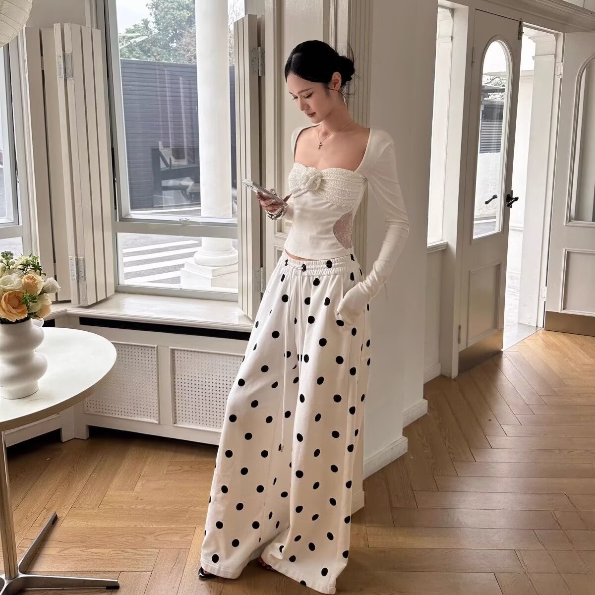 Pantalon large à pois pour femme, taille haute avec cordon de serrage, style coréen, collection Printemps-Été, streetwear